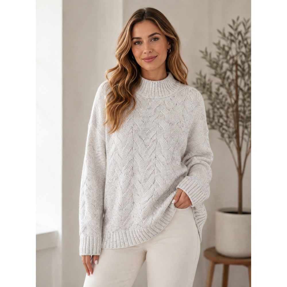 Joie Womens Large Cable Knit Confetti Mock Neck Sweater Cream Multi Color - Picture 1 of 9
